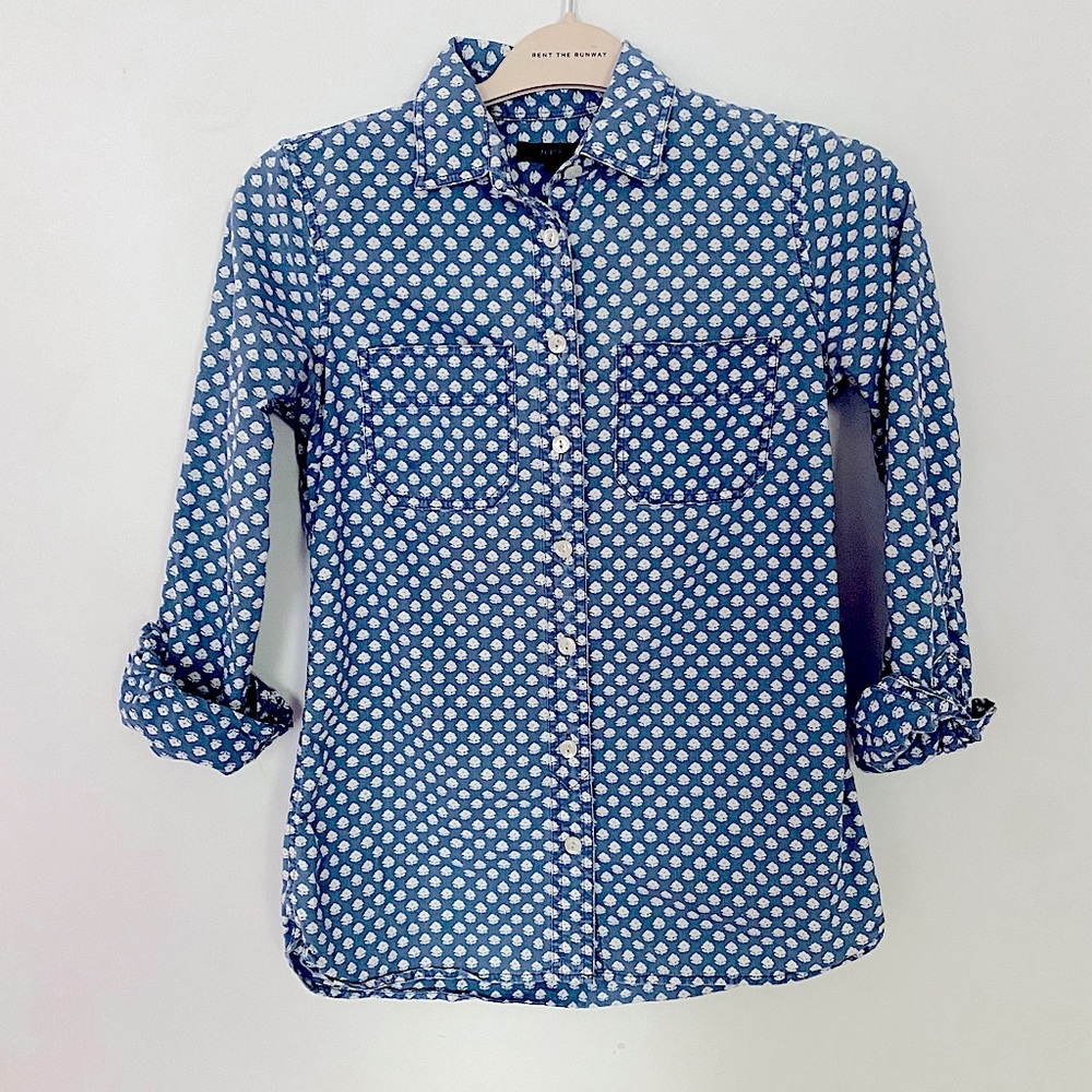 J Crew blue & white patterned button up blouse